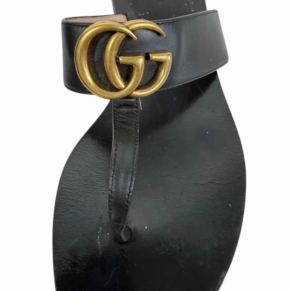 Gucci Black Leather Thong Sandal Gold Double G Logo Size 36.5 - Picture 6 of 15